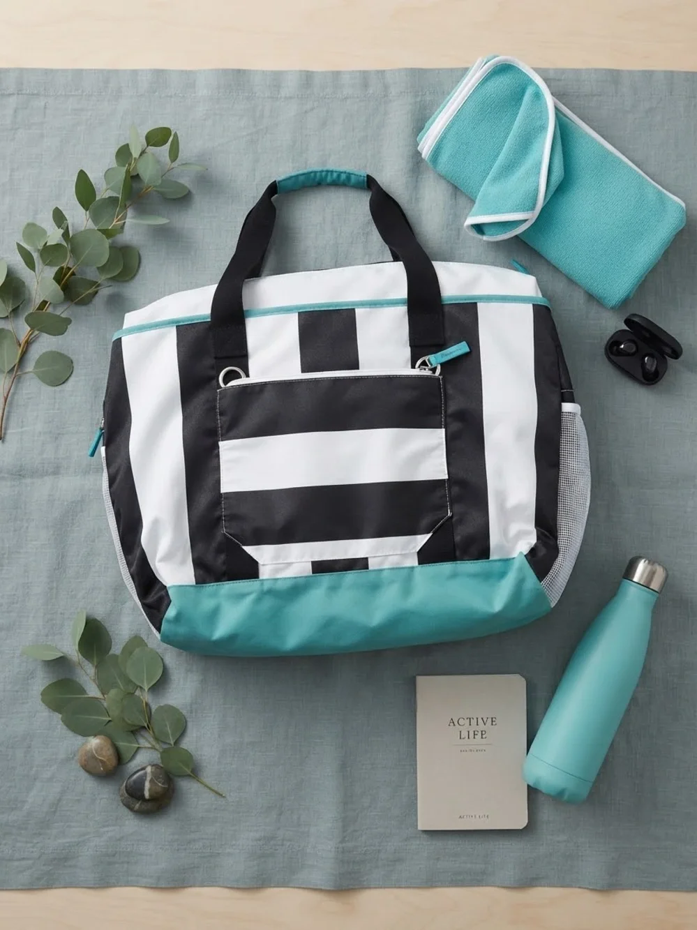 Black & White Stripe Tote with Teal Accent - Women's Bag